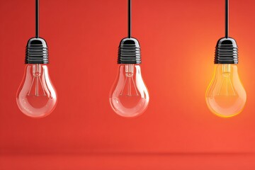 Poster - Illuminating Insight Trio of Light Bulbs on a Red Backdrop, Symbolizing Clarity and Innovation
