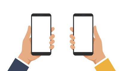 Flat cartoon hand holding white screen smartphone