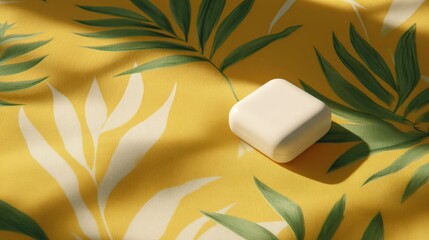 Poster - A close-up of a white object resting on a vibrant yellow leaf-patterned surface, showcasing a sunny ambiance