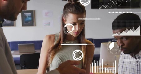 Poster - midadult male pointing smartphone leading female scrolling, coworkers analyzing business data chart