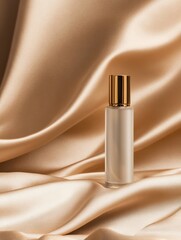 Poster - Elegant glass bottle on luxurious satin fabric, showcasing beauty product in soft lighting