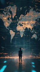 Poster - Businesswoman standing in a dark room, looking at a digital world map projected on a wall, representing global business opportunities and decision making