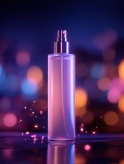 Poster - Elegant spray bottle illuminated by colorful bokeh lights in a soft-focus background
