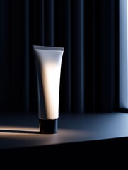 Poster - Elegant skincare tube illuminated softly on a dark surface with shadows creating depth