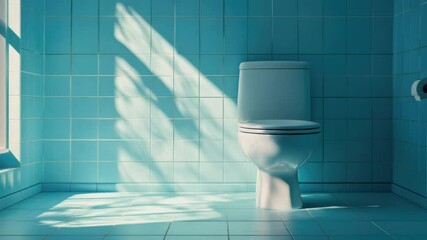 Poster - A simple illustration of a white toilet in a blue tiled bathroom