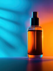 Poster - Glass bottle with amber liquid illuminated by vibrant blue and orange background lighting
