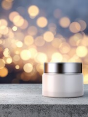 Poster - A sleek, modern skincare cream jar sits on a textured surface with a blurred bokeh background