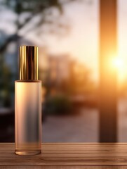 Poster - Elegant perfume bottle on wooden table with a warm sunset backdrop in a serene outdoor setting