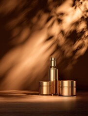 Poster - Elegant golden cosmetic containers arranged on a wooden surface with soft shadows and warm lighting