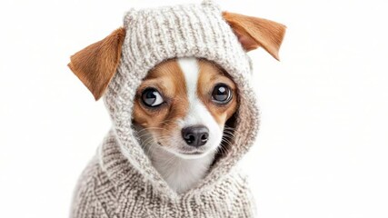 Aufkleber - A small dog wearing a knitted hoodie for warmth and comfort