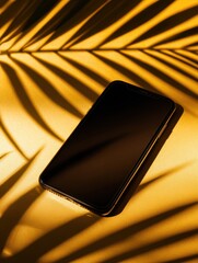 Poster - A sleek smartphone resting on a vibrant yellow surface with palm shadows creating a tropical vibe
