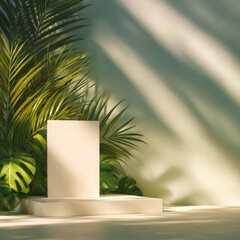 Poster - Minimalist display area with a light stone pedestal surrounded by lush green tropical foliage