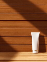 Poster - A minimalist scene featuring a white tube on a wooden surface with shadows from the wall
