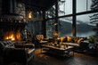 © Pinklife - A rustic cabin interior offers a warm ambiance with a fireplace, large windows revealing a stunning lake view, evoking comfort, tranquility, and the beauty of nature.