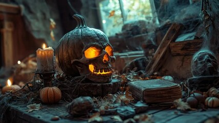 Poster - A warm and cozy table setting with a carved pumpkin and candles