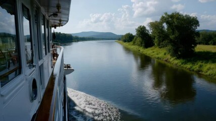 Aufkleber - View from the deck of an old white cruise ship sailing down a river. In the foreground we see small waves crashing against the hull of the ship. Green meadows stretch on both sides of the wide river.