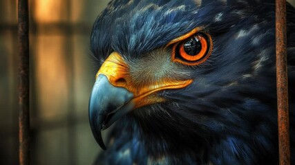 Poster - A close-up shot of a bird of prey confined in a small cage, conveying a sense of freedom longing