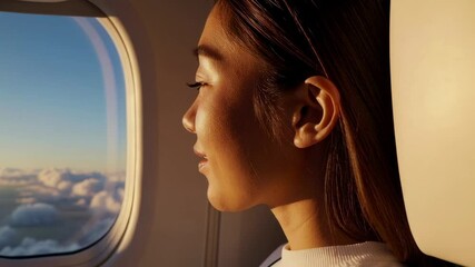 Aufkleber - Golden hour sunlight illuminates a serene passenger gazing at the cloudscape through an airplane window, enjoying the aerial view during a peaceful journey