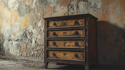 Aufkleber - A wooden chest of drawers placed against a wall, providing storage and decor