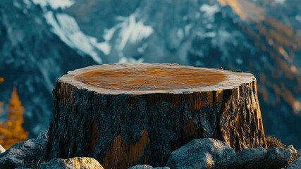 Poster - A tree stump sits atop a mountain with a rugged landscape in the background