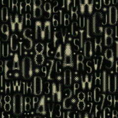 Poster - seamless pattern with a font consisting of dots. On the theme of matrix print, computer games, digital technology, pixels. A set of letters and numbers of an  alphabet. No AI is used