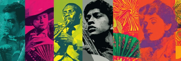 Poster - Celebrating Hispanic Contributions to Music and Art Through Vibrant Depictions of Influential Artists Across Various Styles and Genres
