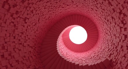 Fototapete - Abstract Spiral Tunnel with Red Blocks and White Light - 3D Render, Cubes, Geometric Design