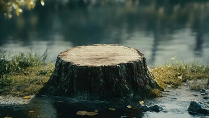 Poster - A tree stump sits beside a body of water, perfect for use in outdoor or nature-themed designs