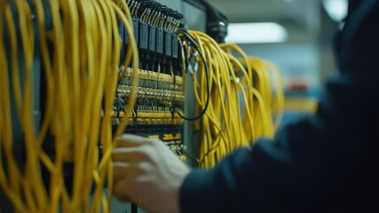 Leinwandbilder - A person holds a remote control amidst a collection of cables, potentially for setup or maintenance