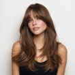 © ai_artist - Long layered hair with bangs brown hair color and face framing layers hairstyle for women fashion beauty