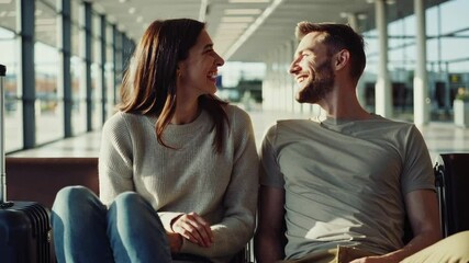 Poster - Young tourists sitting together in airport waiting area, cheerfully chatting and enjoying companionship while anticipating upcoming flight and shared travel adventure