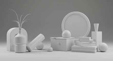 Poster - A white background with a variety of white objects, including a vase, a bowl