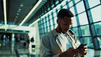 Aufkleber - Stylish young black man using mobile phone in airport terminal while waiting for flight, checking messages and social media, browsing internet, booking taxi or hotel