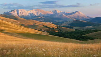 Poster - A serene landscape featuring a vast field of green grass stretching towards mountains in the background