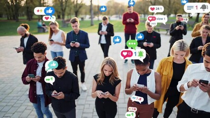 Poster - People standing in a park, using smartphones and receiving social media notifications, reflecting the influence of technology on communication and social interaction