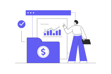 Poster - Man analyzing financial graphs, latest stock market news and other data. Stock trading concept. Investing money in stock. Flat Cartoon Vector Illustration, icon. Stylish abstract design landing page