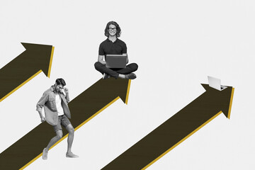 Aufkleber - Creative sketch image art collage of happy business partners guys colleagues freelancer hold laptop arrow development progress