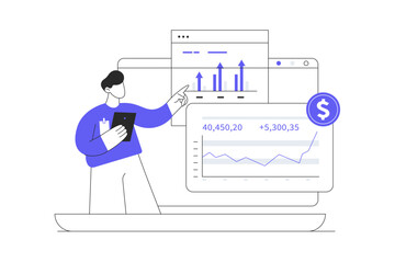 Poster - Financial investing money in stock market. Analyzing financial graphs, latest stock market news, other data. Stock trade. Flat Cartoon Vector Illustration, icon. Stylish abstract design landing page
