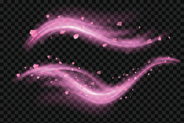 Poster - Wind swirls with flower pink petals isolated on transparent background. Vector realistic illustration of spiral air vortex with flying blossom petals, magic dust splash