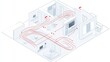 © Richafuji - Isometric illustration of a modern apartment layout with a focus on air flow visualization indicated by red dotted lines. The design features multiple rooms with minimalist furniture arrangements.