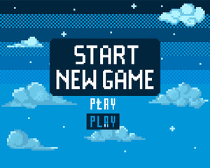 Poster - Background for pixel game. Game start. 8-bit Pixel interface. Character selection. Achievements in arcade games. Vector illustration