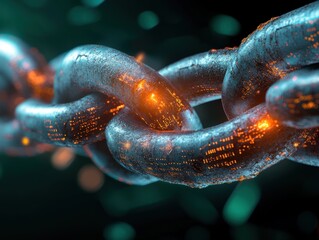 Fototapete - Metal chain links glowing with digital particles in a dark background showcasing a futuristic concept