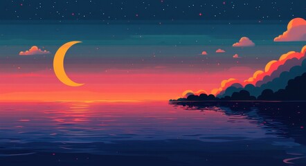 Wall Mural - Celestial Serenity: Abstract Backdrop of Crescent Moon Reflecting on Sunset-Sea