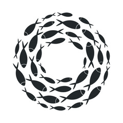 Aufkleber - School of Fish Swimming in a Circle Minimalist Black and White Illustration with Empty Space in the Middle for Text