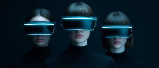 Poster - Futuristic women wearing glowing VR headsets in dark setting, showcasing technology