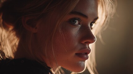 Poster - Close up profile of a fashion model featuring an intense gaze, bathed in warm golden light, producing a striking and dramatic portrait that captivates the viewer's attention