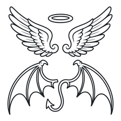 Poster - Angel and Devil Wings with Halo Outline Illustration for Good Versus Evil Concepts and Design Elements in Black and White