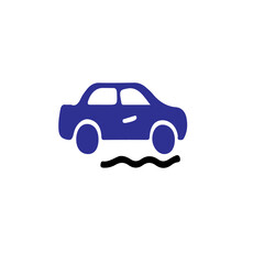 Poster - A simple blue car icon above a black wavy line suggesting movement or a road surface on a white background