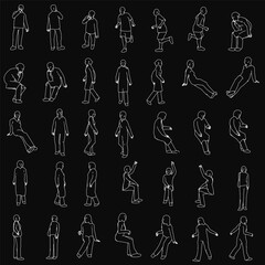 Poster - A series of black and white drawings of people in various poses, some of which are playing sports. Scene is energetic and dynamic, with the people appearing to be in motion