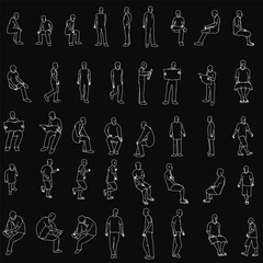 Poster - A series of black and white drawings of people in various poses, some sitting and some standing. The drawings are of different sizes and are arranged in a grid-like pattern. Scene is somewhat somber